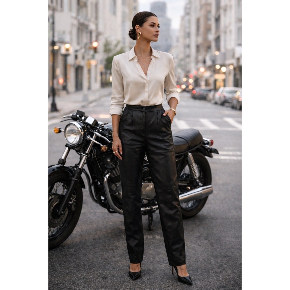 Margaret Godfrey Black Leather Pants‎ Size 10 High Waist Tapered Moto